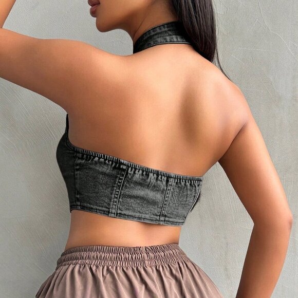 Black Sexy Women's Backless Slim-Fit Denim Top With Halter Neck - Picture 3 of 6